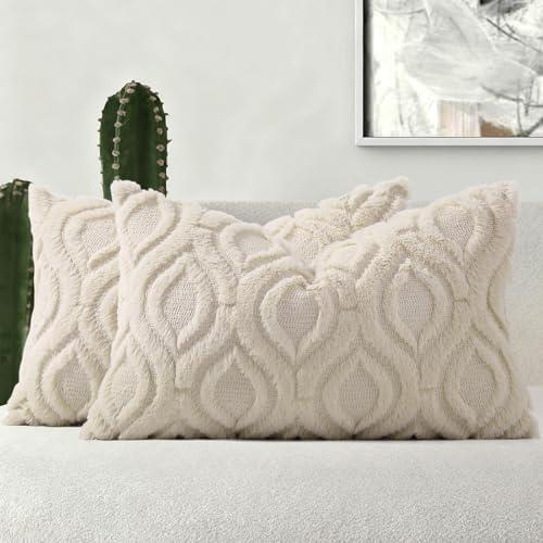 decorUhome Throw Pillow Covers 12x20 Inch Set of 2, Soft Plush Faux Wool Beige Solid Couch Pillow Covers, Accent Farmhouse Neutral Rectangle Pillow Cases for Sofa Bed Living Room