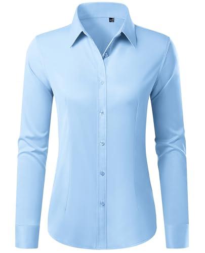 Gleeivy Button Up Shirt Women Satin No Iron Formal Dress Shirts Classic Fit Light Blue Casual Business Button Down Blouse Solid Stretchy Long Sleeve Professional Suit School. Size S