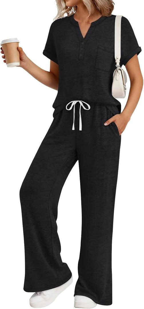 Trendy Queen 2 Piece Lounge Sets for Women Summer 2026 Henley Sweatsuit Travel Vacation Airport Outfits Pajamas Sets (Black, L)