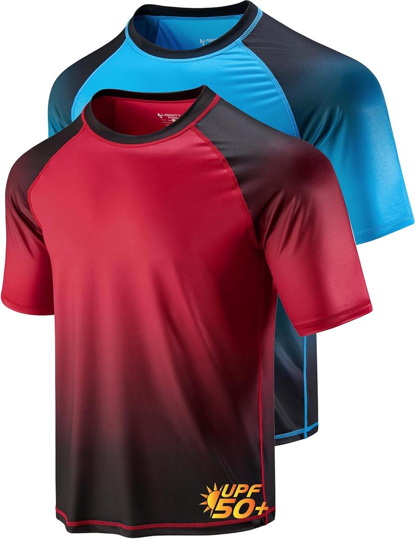 2-Pack Swim Shirts for Men UPF 50+ Loose Fit Rash Guard, Quick Dry UV Sun Protection Short Sleeve Shirt (Red, S)
