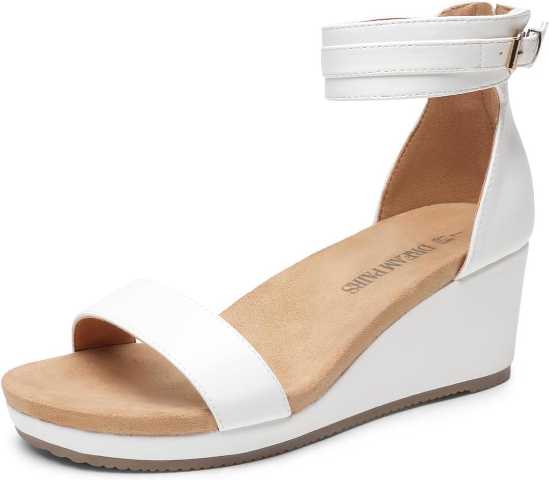 DREAM PAIRS Women's Open Toe Buckle Ankle Strap Platform Wedge Sandals Summer Shoes. (5.5, White/Pu)