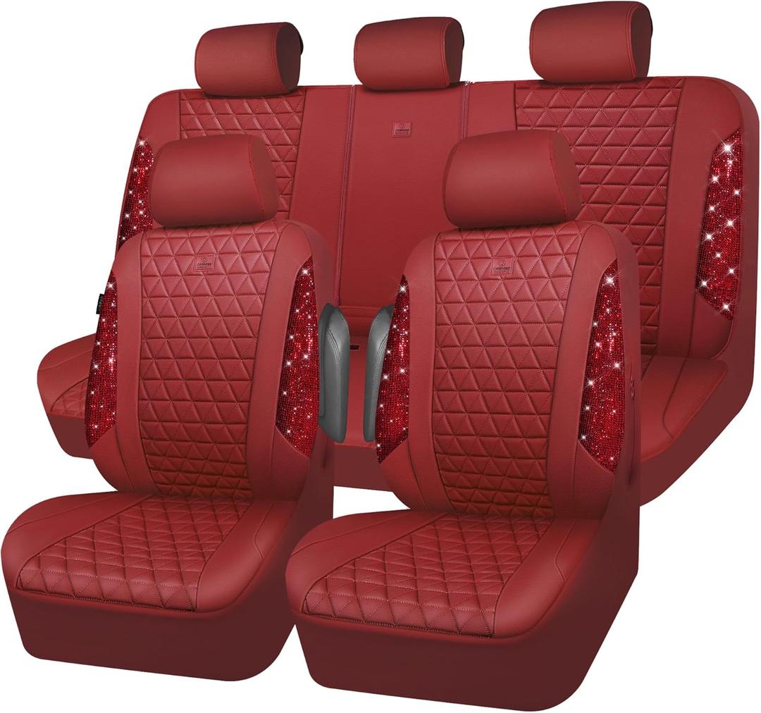 CAR PASS Bling Diamond Burgundy Leather Car Seat Covers Full Sets Interior Sets, Waterproof Shining Glitter Sparkly Crystal Universal Armrest Fit Automotive Truck SUV Cute Women Girl, Red Rhinestone