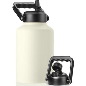 EALGRO Gallon Insulated Water Bottle Jug with Straw, 128 oz Large Stainless Steel Sports Metal Water Canteen With Handle, Thermal Water Cup Mug with 2 Lids, Cream