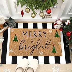 2 Pcs Christmas Coir Welcome Doormat Christmas Rug Outdoor Layered Buffalo Plaid Black and White Mat Stripe Mat for Xmas Front Porch Entryway Outdoor