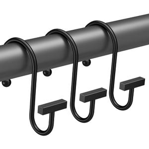 Black Shower Curtain Hooks, Chrome Shower Curtain Rings Rust Proof, 12PCS Shower Hooks for Shower Curtain, T-Bar Design Convenient Elegant Shower Curtain Hangers for Bathroom Kitchen Wardrobe