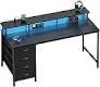 DUMOS 40 Inch Computer Desk with 4 Drawers,4 Drawer Gaming Desk with Power Outlets and LED Lights,Office Desk for Small Spaces with Monitor Shelf,Writing Desk for Home Office, Bedroom,Study,Black