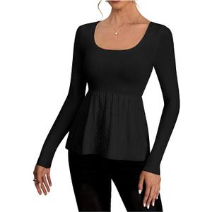 Women's Scoop Neck Peplum Sweater Long Sleeve Cable Knit Dressy Casual Pullover Tops, Size M