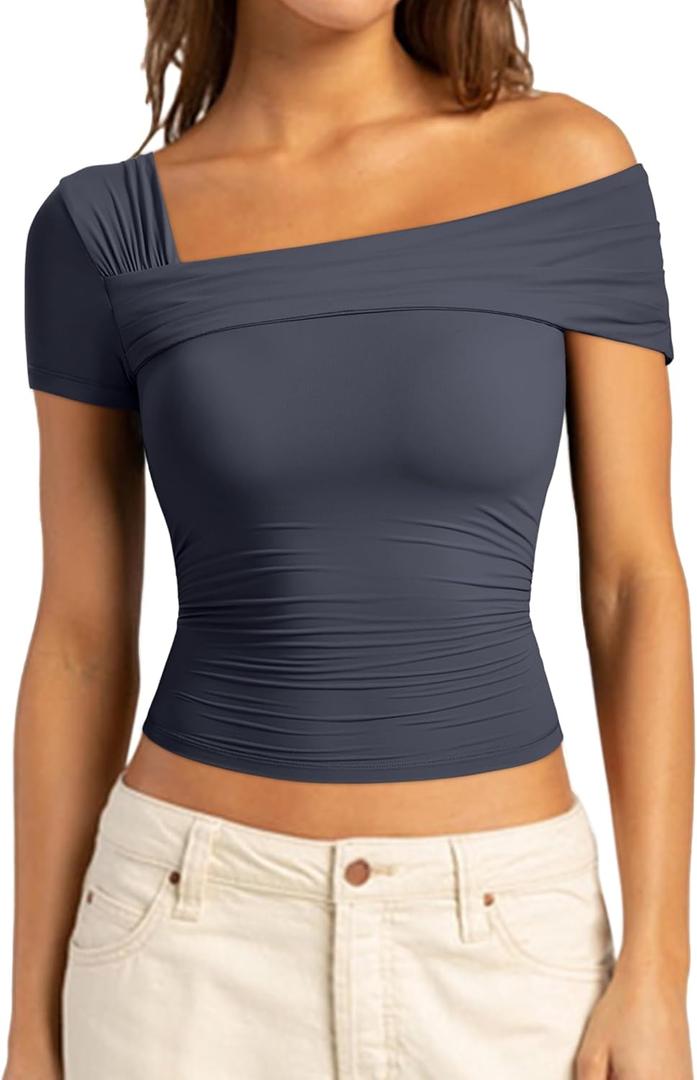 SUUKSESS Women One Off The Shoulder Summer Tank Tops Ruched Short Sleeve Shirts (Blue, L)