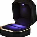 Luxury Ring Box, Square Velvet Wedding Ring Case Jewelry Gift Box with LED Light for Proposal Engagement Wedding, Black