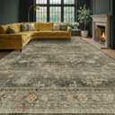 Farmhouse 9x12 Green Large Area Rugs for Living Room, Dark Academia Vintage Forest Green Washable Rug for Bedroom Under Bed with Distressed Geometric Aesthetic Décor, Stain Resistant Low Pile Non-Slip