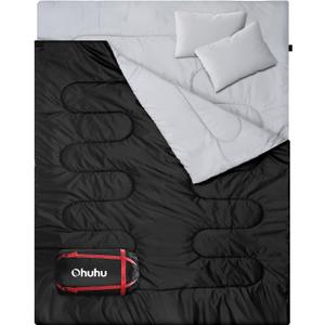 Ohuhu Double Sleeping Bag: Queen Size 2 Person 3 Season for Warm & Cold Weather Camping Sleeping Bag with 2 Pillows, Large Size 87'' x 60'' Waterproof Lightweight (Black)