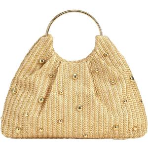Trendy Straw Clutch Purse for Women Round Handheld Evening Handbag Exquisite Metal Beaded Bag Party Wedding Top-Handle Purse