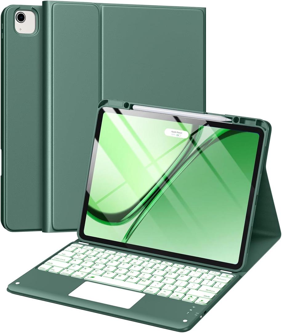 for iPad Air 13 Inch & Pro 12.9 Case with Keyboard - Multi-Touch Trackpad, 7 Colors Backlit, Detachable Folio Keyboard Cover for iPad Pro 12.9 (6th, 5th, 4th, 3rd gen), Air 13 M3/M2,Pine Green