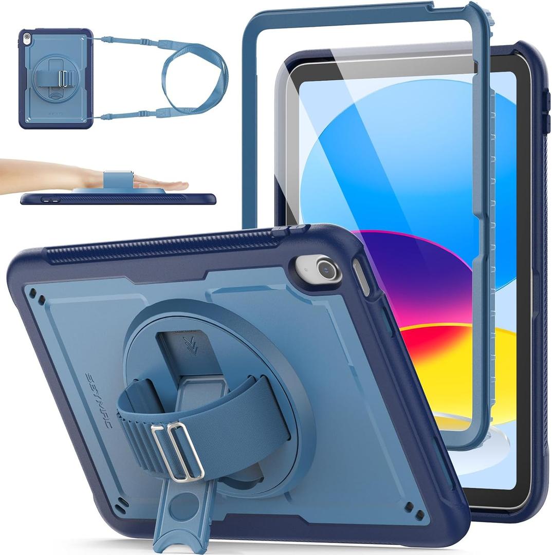 SEYMAC stock Case for iPad A16 11-inch Case 2025/ for iPad 11th/ 10th Generation 10.9'' 2022, Protective with Screen Protector, Pen Holder, Rotate Stand, Loop Nylon Hand Strap, Shoulder Strap, Blue