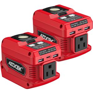 220W Azocek Power Inverter Compatible with Milwaukee 18V Battery, DC 18V to AC 110V Portable Power Station with 1 AC Outlet, 2 USB Ports & 1 Type-C Fast Charging, 400LM LED Work Light (2-Pack) (Red)