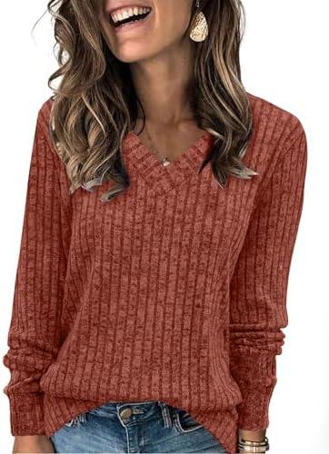 WIHOLL V Neck Long Sleeve Shirts for Women Casual Fall Tops Lightweight Tunic Sweaters Fashion Clothes 2024 L