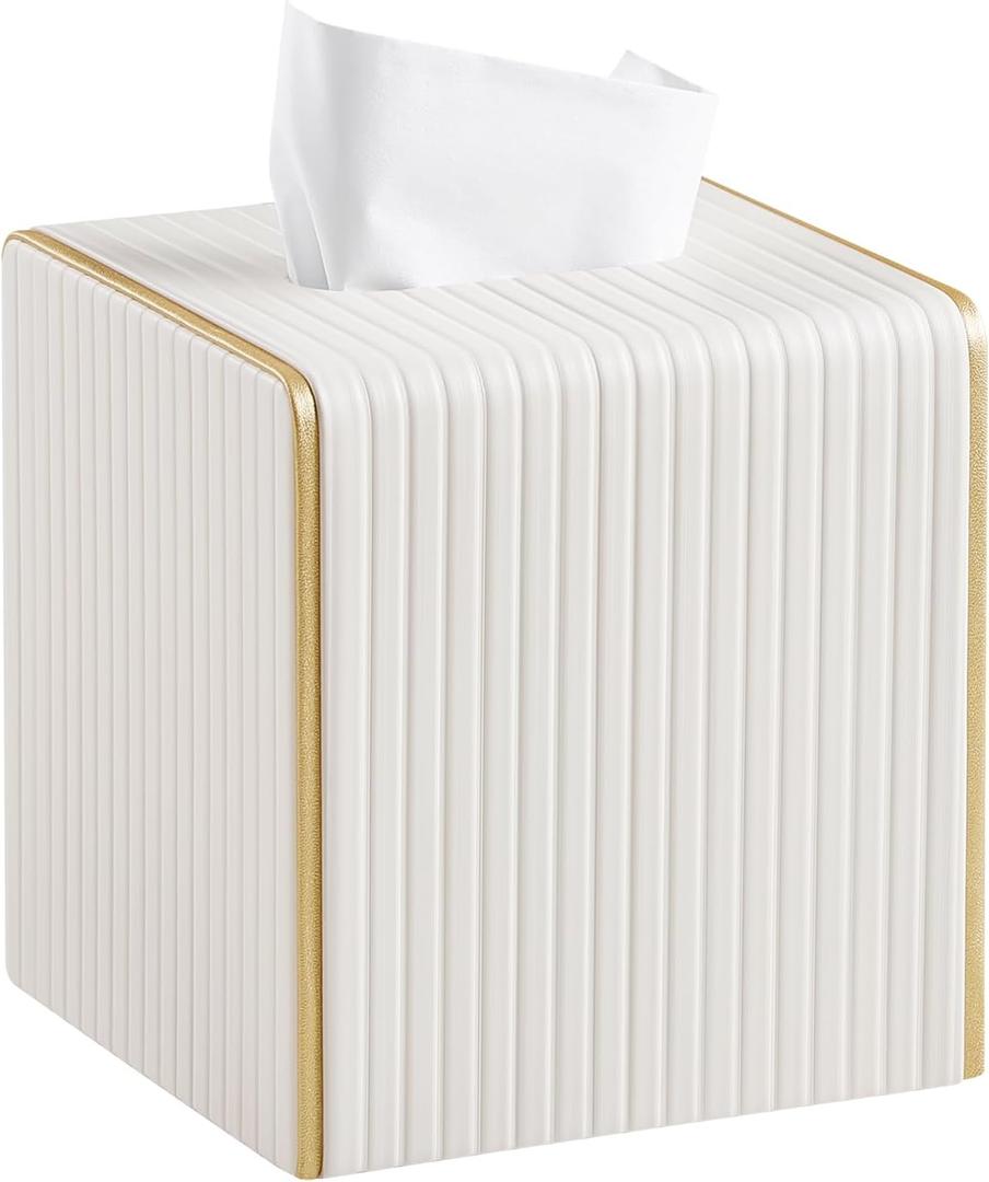 Square PU Leather Tissue Box Cover with Magnetic Closure, Decorative Tissue Holder & Storage Container for Bedroom, Living Room, Dining Room, Bathroom, Countertop, Desk & Office (White)