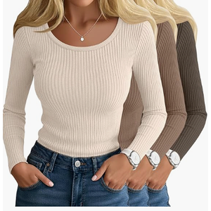Ficerd 3 Pack Women's Ribbed Long Sleeve Tops Scoop Neck Slim Fit Shirts Cotton Casual Fall Going Out Basic Tee (X-Large, Black, Matcha Green, Mocha)