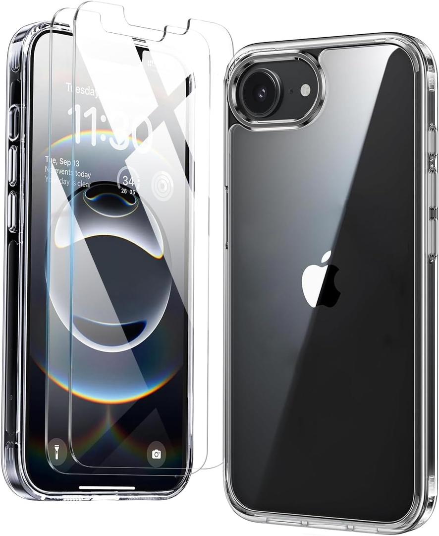 for iPhone 16E Case,Clear iPhone 16 E Phone Case with 2XTempered Glass Screen Protector,Shockproof Slim Silicone TPU Bumper Hard PC Cover for iPhone 16e 6.1" | Shockproof, Slim, Silicone TPU Bumper, Hard PC Cover