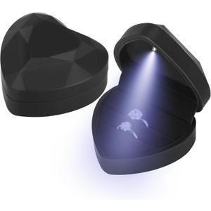 LETURE Heart Shaped Wedding Ring Gift Box with LED Light, Double Ring Boxes with 2Slots for Engagement Proposal Ceremony, Small Jewelry Holder Display Case for Women Girl (Black)