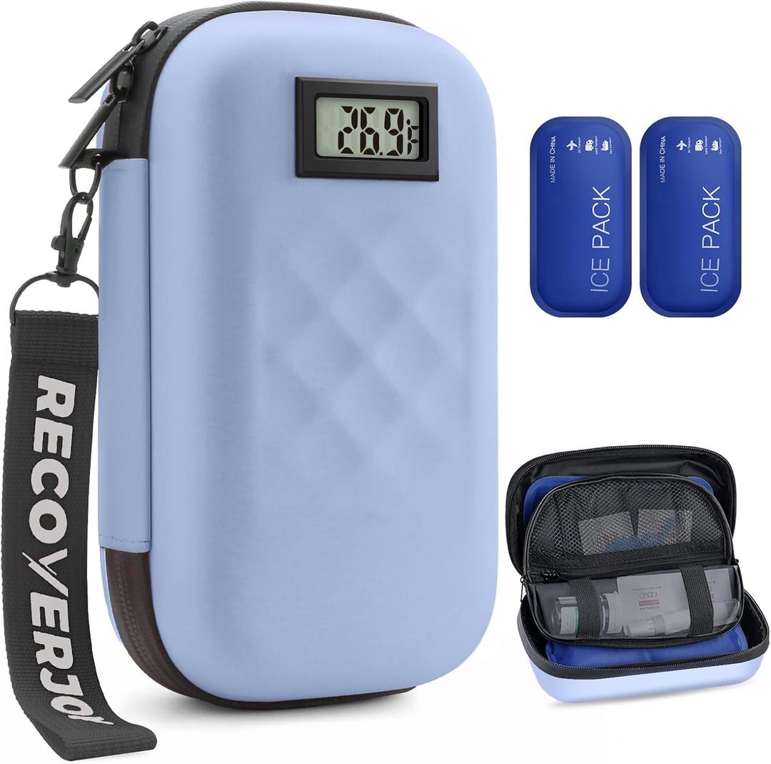 TSA Approved Insulin Cooler Travel Case Diabetic Medication Bag With Thermometer Temperature Display Medication Diabetic Cooler Travel Medicine Organizer Bag for women & 2 Ice Pack-Blue