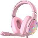 Jimonyer Gaming Headset with Microphone, 7.1 Surround Sound and Noise Canceling Over Ear Headphones for PC/PS4/PS5/Xbox Series/Switch, RGB Light and Soft Imitation Protein Earmuffs (Pink)