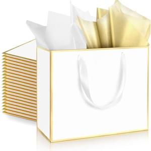 ReliThick Metallic Paper Gift Bag with Handles and Tissue Paper 11.8 x 10 x 4'' Thank You Favor Bag for Wedding Bridesmaid Groomsmen 5 Senses Birthday Gifts(White, Gold)