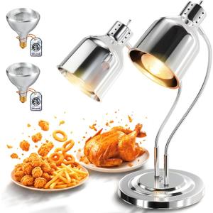 PYY Food Heat Lamp - [2 Bulbs Included] 500W Fast-Heating 2-Head Food Warmer Light, ETL-Certified Heat Lamp for Food, Stainless Steel Heavy Base for Restaurant, Catering, Buffet (Polished Sliver)