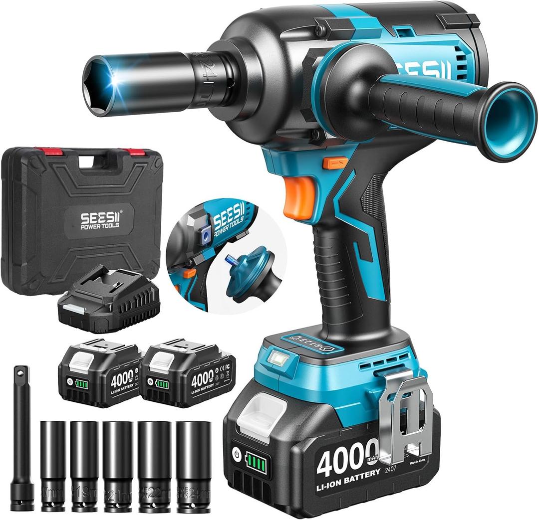 Seesii Upgraded Cordless Impact Wrench 885Ft-lbs (1200Nm): 1/2" Impact Gun with Detachable Side Handle, 21V High Torque Power Impact Driver 2x 4.0Ah Batteries for Family Car/Pickup Truck/Mower