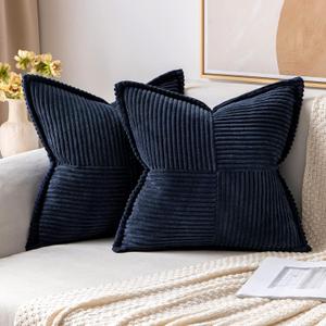 MIULEE Decorative Throw Pillow Covers for Couch Bed Livingroom 20x20 Inch Set of 2 Navy Blue Boho Accent Throw Pllows Broadside Striped Patchwork Soft Corduroy Summer Coastal Pillowcases