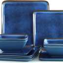 Square Melamine Dinnerware Set of 12pcs, Blue Dish Set for 4,Unbreakable Plate and Bowl Set, Lightweight, Dishwasher Safe and BPA Free,Suit for RV,Camping
