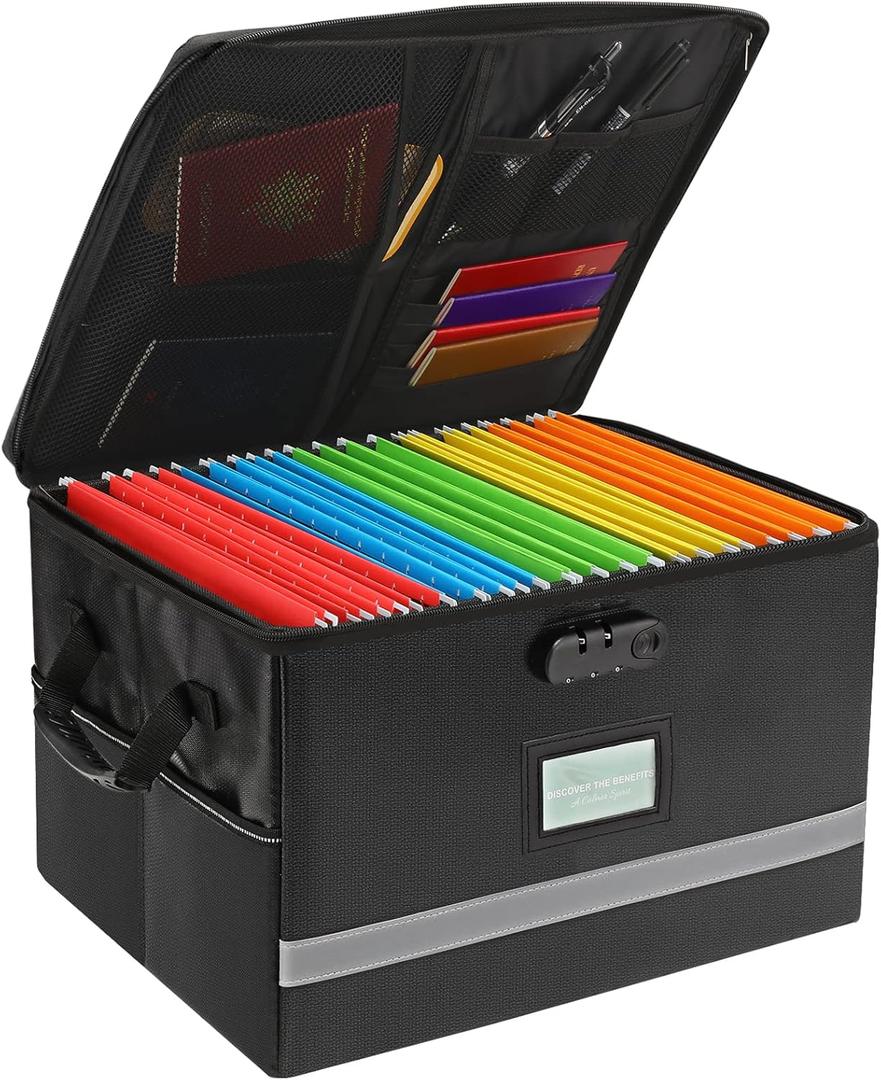 File Organizer, Fireproof File Box with Lids, Important Document Organizer Box with Lock, Portable File Folder Organizer with Handle (Black 1 Layer)