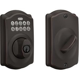 Schlage Camelot Electronic Keypad Deadbolt Lock, Keyless Front Door Entry, Mechanical Key Backup Included, Aged Bronze, BE365 V CAM 716