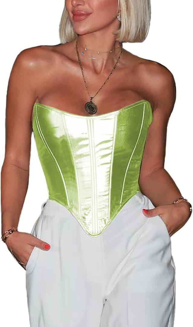 ABMOIU Leather Corset Tops for Women Strapless Lace Up Boned Sweetheart Neck Bodyshaper Bustier Sexy Crop Top (XXL) Fluorescent Green