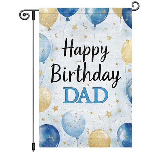 Louise Maelys Happy Birthday Dad Garden Flag Balloons Welcome 12x18 Inch Double Sided Small Burlap for Daddy Papa Grandpa Cemetery All Seasonal Party Celebrate Yard Outdoor Sign Outside House Decor