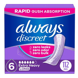 Always Discreet Adult Incontinence Pads for Women, Extra Heavy Absorbency, Long Length, Postpartum Pads, 112 Count (4 Packs of 28)