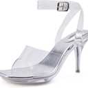 NBUUNBU Clear Heels for Women Sexy Transparent Strappy Ankle Straps Shoes Platform High Kitten Heel Slingback Square Toe Stiletto Comfortable Sandals Mules Pumps (10, Silver)