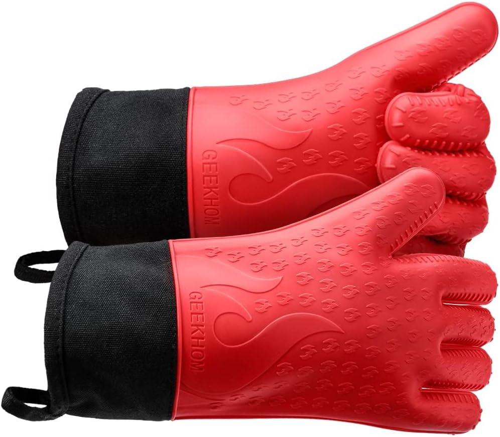 GEEKHOM Silicone Grilling Gloves, Heat Resistant Oven Mitts, BBQ Gloves, Waterproof Non-Slip for Barbecue, Cooking, Baking, Fryer, Red (Large)