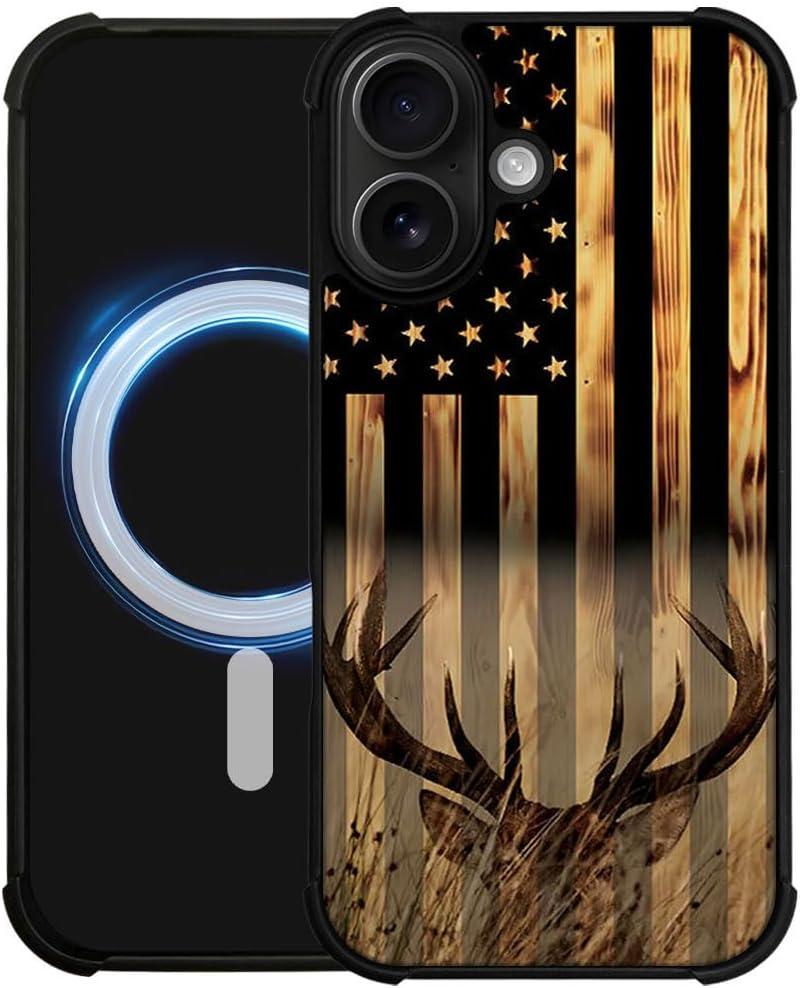 DJSOK Case for iPhone 17,Compatible with MagSafe,Anti-Scratch Shockproof Case,Wood Grain American Flag Buck Hunter Deer