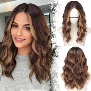 Brown Highlights Short Wavy Bob Glueless Synthetic Lace Front Wig for Women Pre Cut for Beginners Natural Hairline 18 Inch