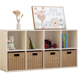 Wood 8-Compartment Storage Cabinet 8-Cube Storage Cabinet Organizer Wooden Cubby Bookshelf White 2 tier Open Cabinet Qquare Cubby Shelf for Home Office Living Room (8-Cube, 11 in Shelf Opening)