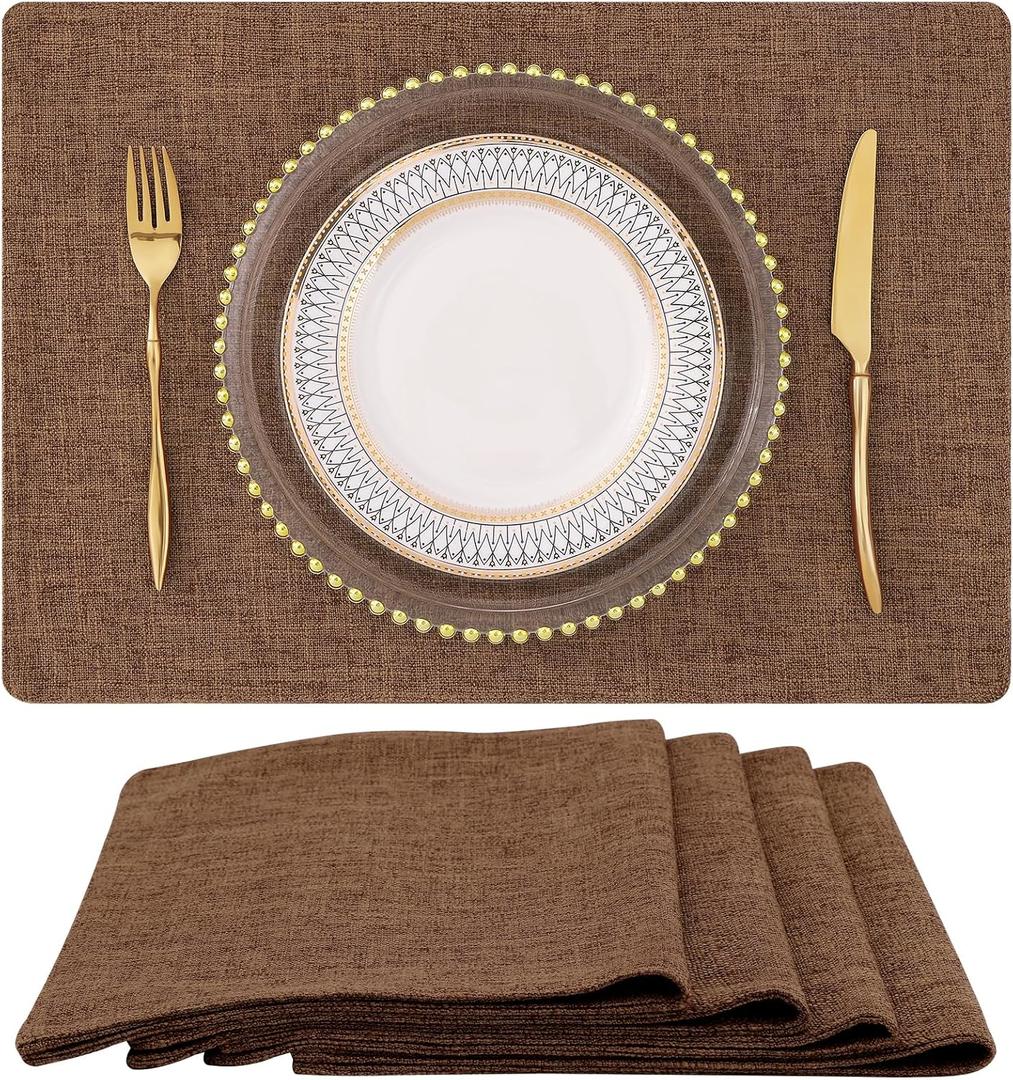 homing Faux Cotton Linen Placemats Set of 4, Cloth Washable Farmhouse Dining Table Mats for Indoors & Outdoors, Easy to Clean, Brown, 13 x 19 Inch