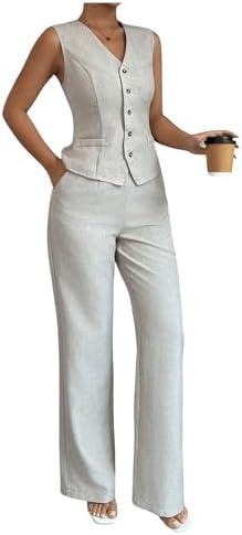SOLY HUX Women's 2 Piece Outfits V Neck Button Down Vest Tops and High Waisted Pants Set Office Work Suit M