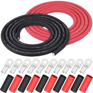 iGreely 1/0 AWG Gauge Wire,Flexible 10 Ft Black + 10 Ft Red Pure Copper Battery Welding Cable for Rv Solar, 5pcs of 5/16" & 5pcs 3/8" Copper Cable Lugs Terminal Connectors with Heat Shrink Tubing