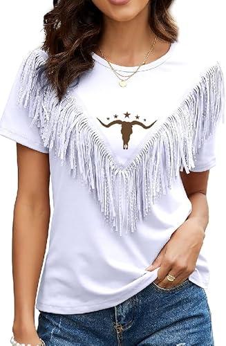Boho Cow Skull Shirt Women Cowgirl t Shirt Vintage Western Rodeo Graphic Tee Short Sleeve Bull Skull Casual Top M