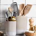 LE TAUCI Utensil Holder for Kitchen Counter, 7.3"+5.4" Fluted Ceramic Utensil Crock Organizer for Countertop, Heavy Large Holder for Spatulas, Spoons, Set of 2, Gray Marble