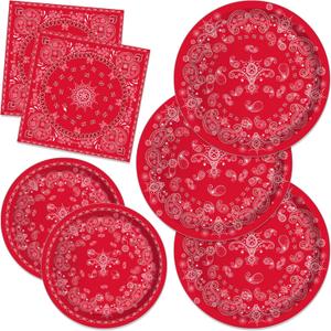 Red Bandana Birthday Paper Plates Napkins Red Bandanas Paisley Print Disposable Tableware Set Party Supplies Western Cowboy Theme Dinnerware Cutlery Sets Serves 24 Guests Party Plates Napkins 88PCS
