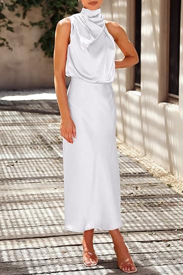 PRETTYGARDEN Women's 2025 Summer Satin Dress Elegant Sleeveless Mock Neck Cocktail Party Maxi Dresses, Size M