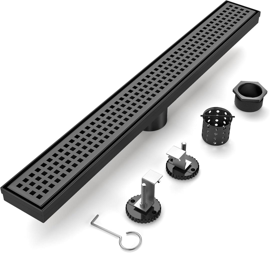 24-Inch Matte Black Linear Shower Drain, 304 Stainless Steel Long Linear Drain with Quadrato Pattern Grate, Rectangle Shower Floor Drain with Adjustable Feet, Hair Strainer, Fits Bathroom, Balcony