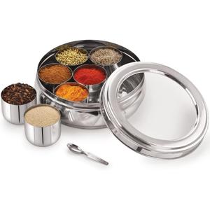 Mother's Day Gifts Stainless Steel High Grade Spice Masala Box 7 Containers and Small Spoon Orange See Through Masala Box Indian Masala Dabba with size 9.2 X 9.2 inches